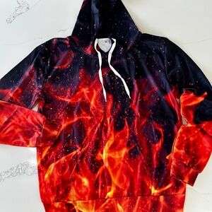 Fire Print Hoodie Men’s XL Black Red Flame Graphic Streetwear Pullover Sweater